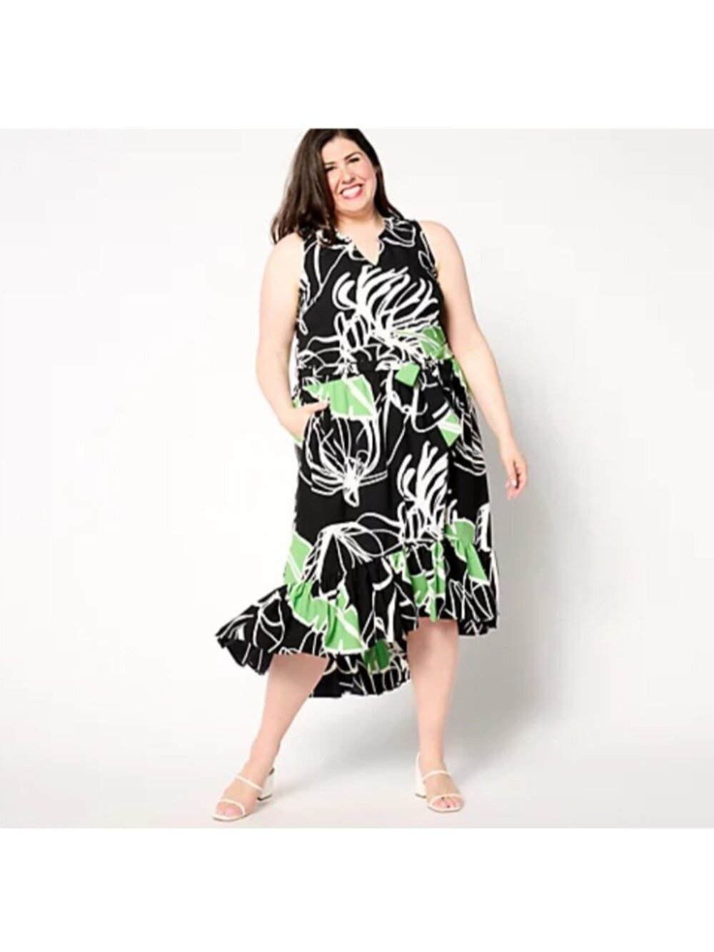 Susan Graver Dress sz M Soleil Stretch Woven Black Green Floral Belt A641800